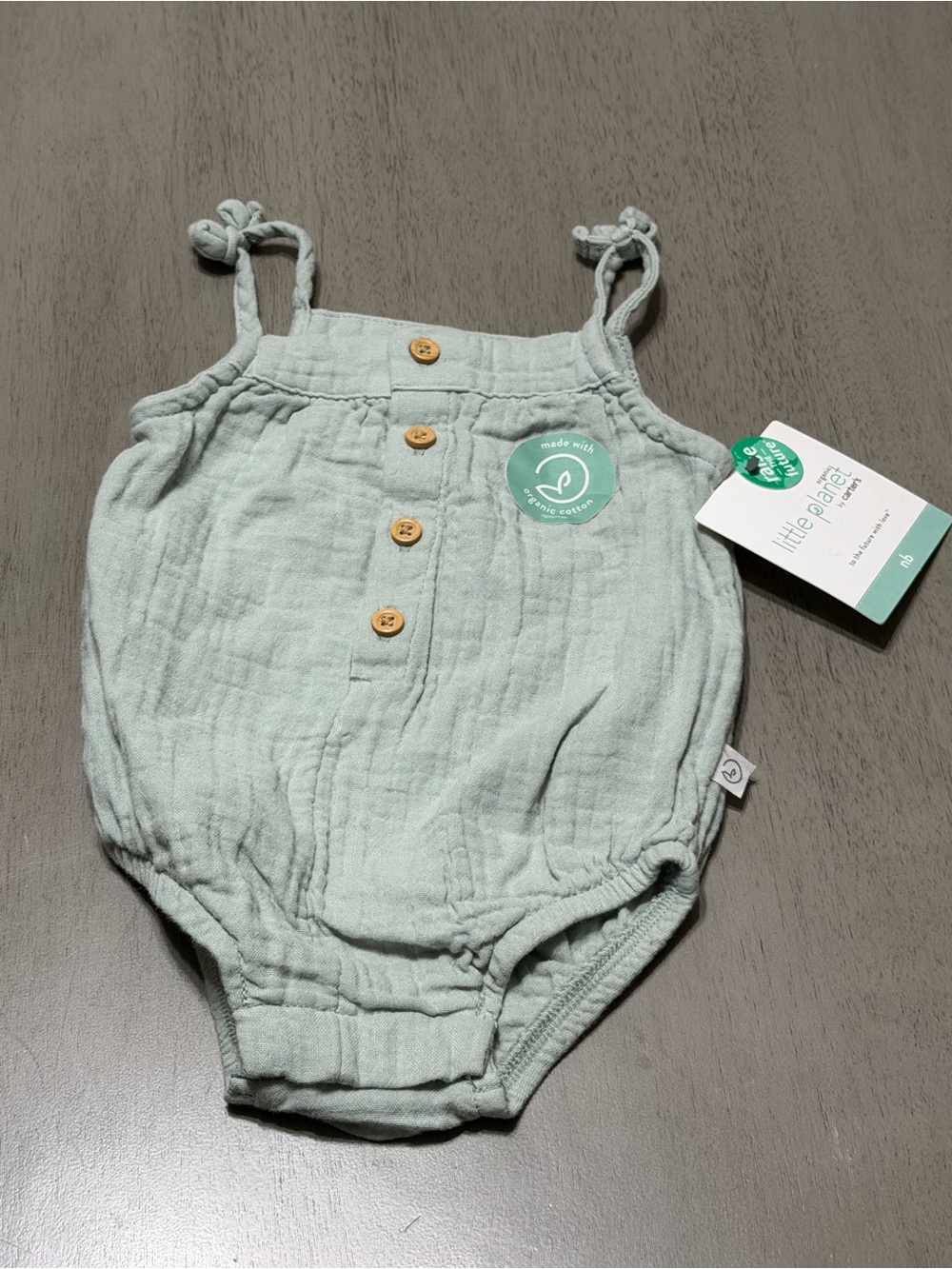 Little Planet Sage Green Baby Muslin Romper NB
